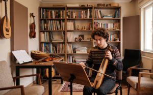 A man seated at a desk playing a large string instrument (cello/viola) with sheet music nearby and a bookshelf behind him.
