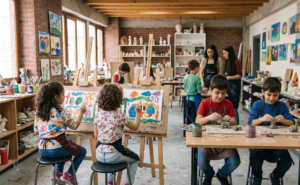 Children painting colorful pictures at easels in a bright art classroom with brick walls and sculptures on shelves in the background and two instructors supervising.