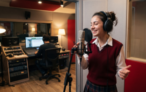Young woman singing into a recording studio microphone with headphones on, a sound engineer at a mixing desk visible in the background.