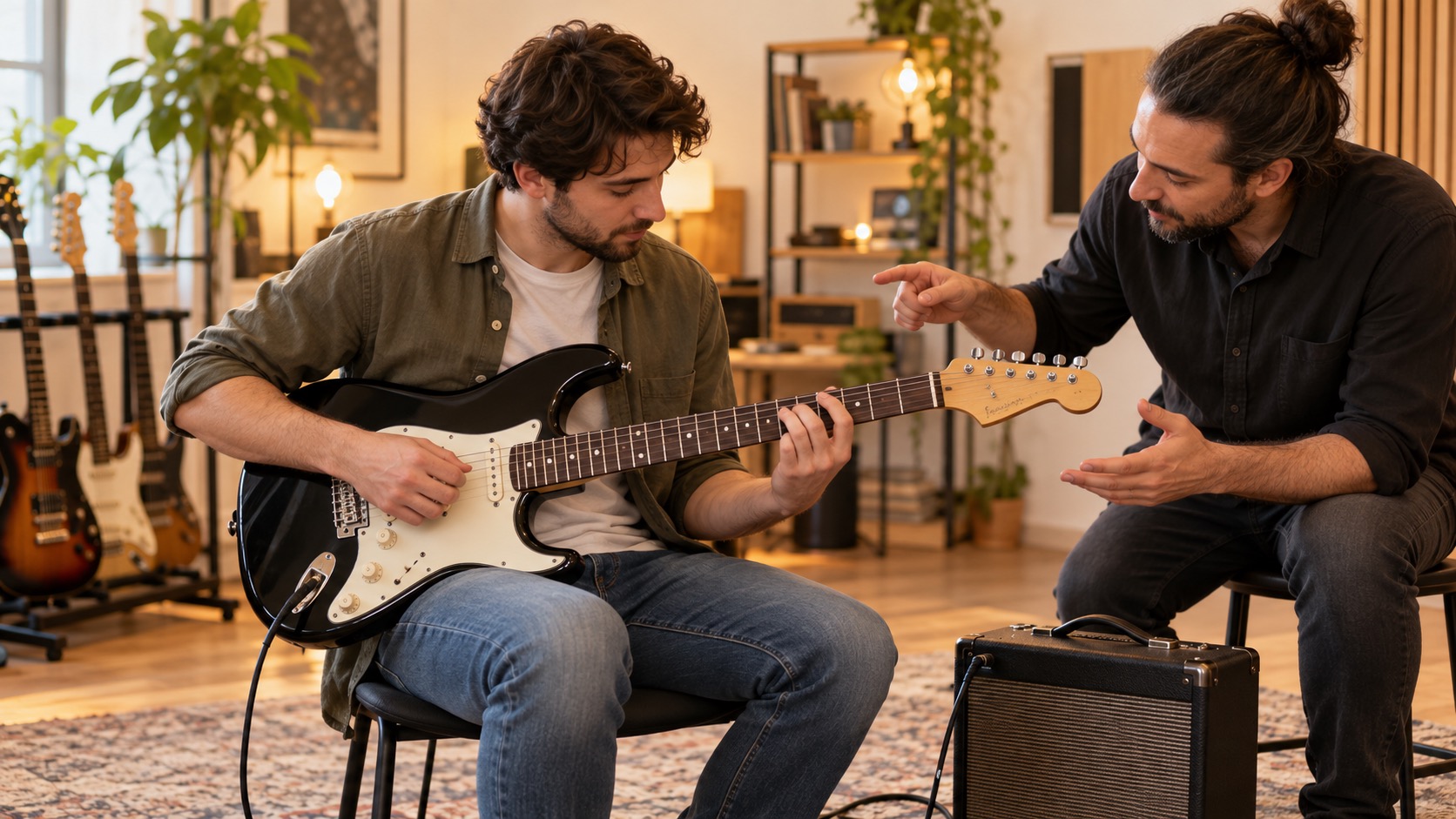 Elektro gitar başlangıç dersinde eğitmen ve öğrenci; temsili görsel