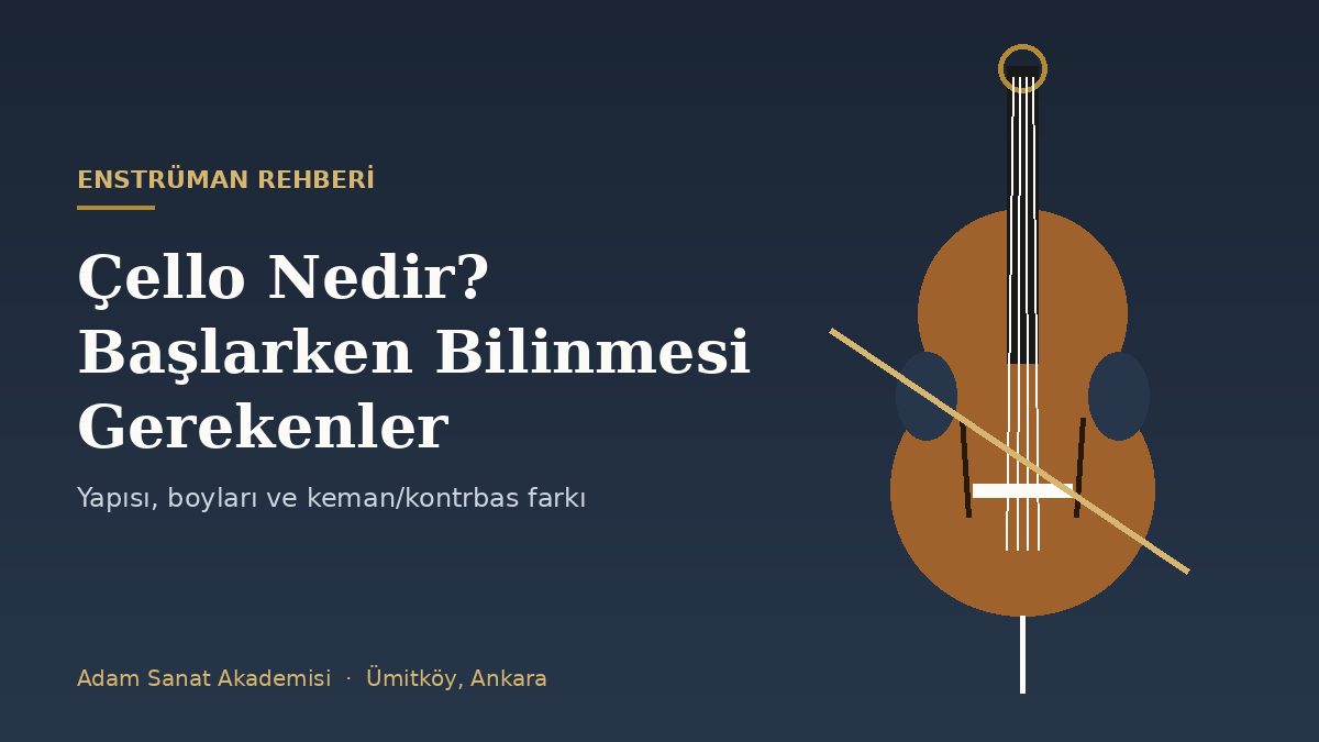 Çello (viyolonsel) gövdesi, telleri, köprüsü ve yayını gösteren illüstrasyon